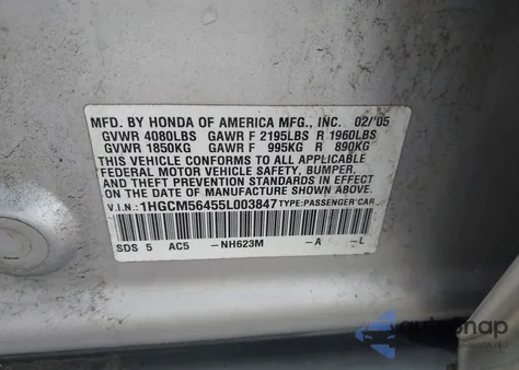 2005 Honda Accord 2.4 Lx z USA, uszkodzony, nr VIN 1HGCM56455L003847